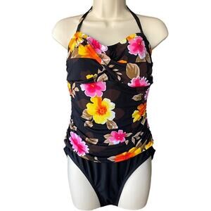 1 Piece Bright Flowers & Black Ruched Sides Padded Bra Swimsuit ~ Womens Size 14